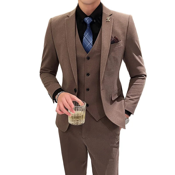 Slim Fit Men's Blazer, Vest, and Pants Suit Set - Fashionable Business Casual Attire for Elegant Weddings and Office Settings in a Korean-Inspired British Style